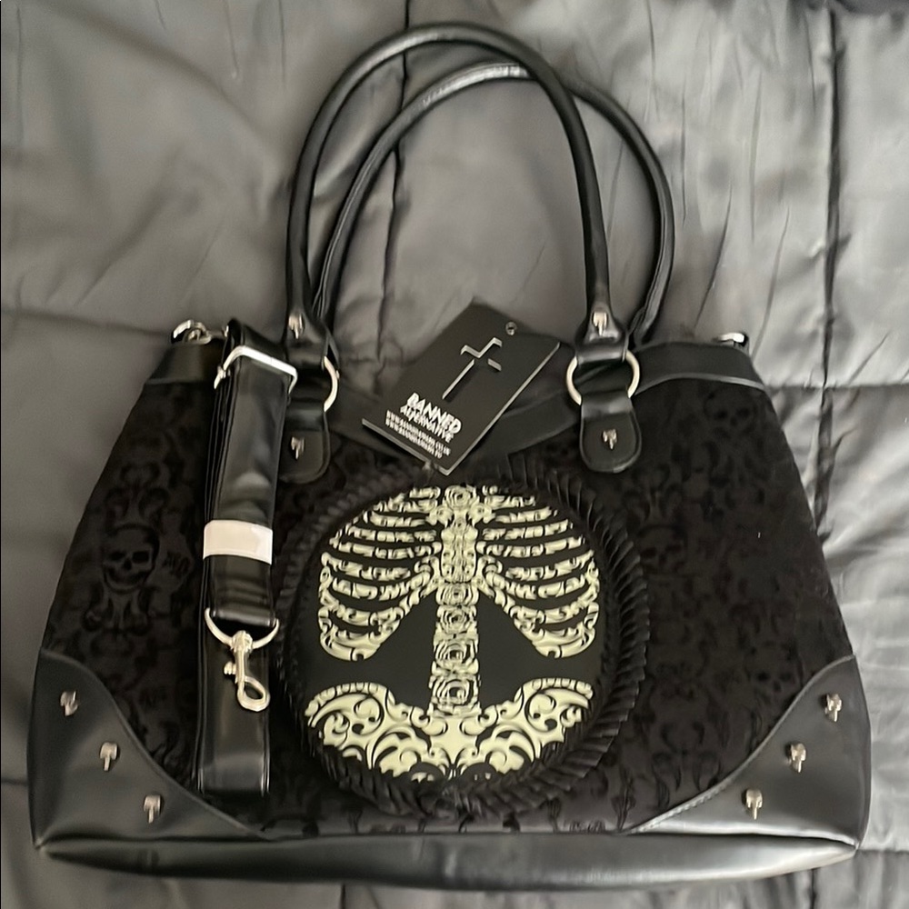 Black Gothic Banned Alternative Shoulder Bag with Metallic Skull Accents